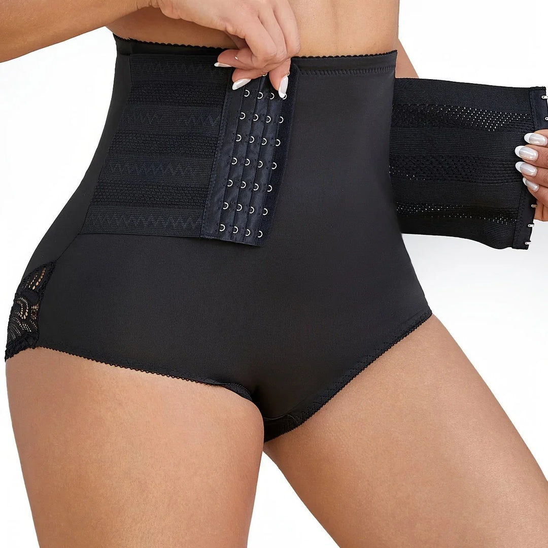 Women's high-waisted compression lace shapewear briefs for tummy control & contouring.