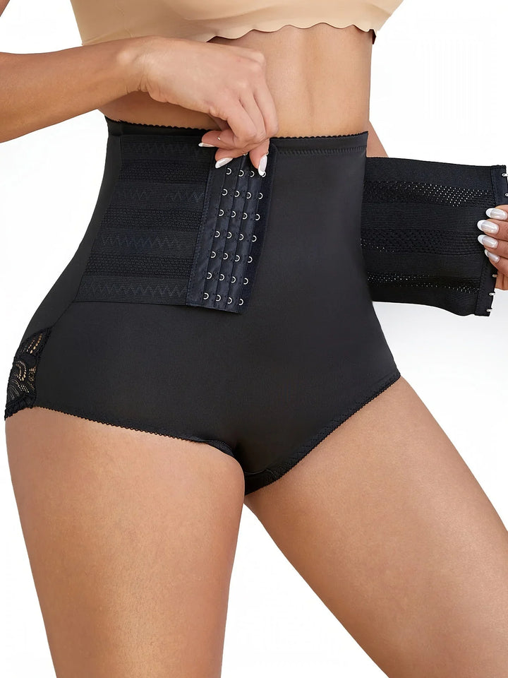 Seamless plus size high waist shapewear briefs with lace & hook-and-eye for women.