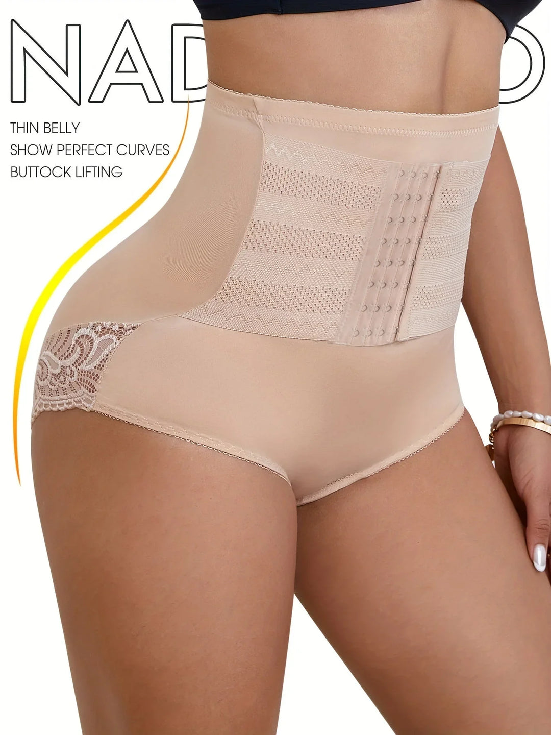 Plus size women's compression briefs, high waist with lace & hook-and-eye for smooth contouring.