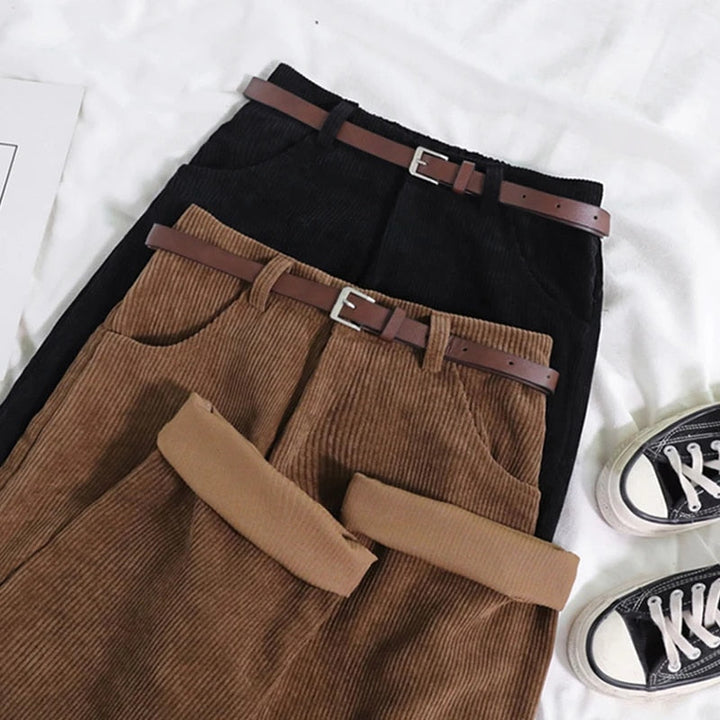 Stylish relaxed fit high-waisted corduroy trousers for women, great for casual, comfortable everyday wear.
