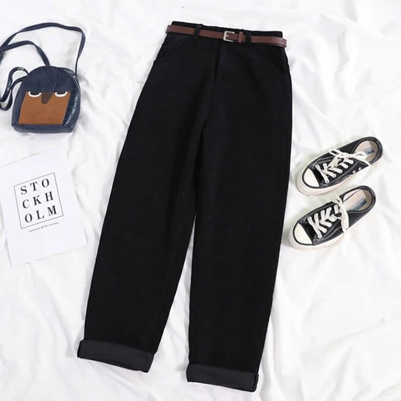 New women's corduroy pants featuring a flattering high waist and comfortable relaxed full-length fit.