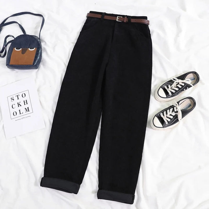 New women's corduroy pants featuring a flattering high waist and comfortable relaxed full-length fit.