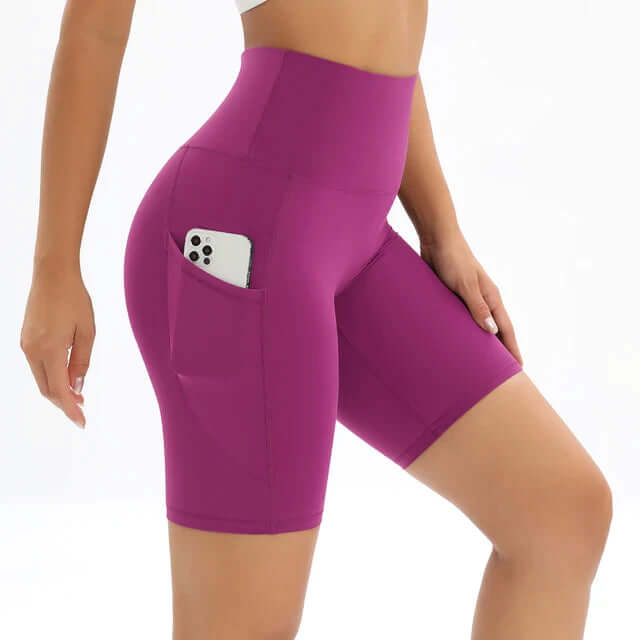 Stylish high-waisted activewear shorts for women, featuring a pocket, essential for gym, Pilates, or daily wear.
