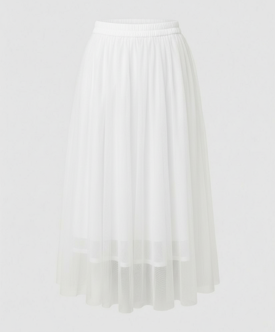 Flowing women's layered midi skirt, high-waisted design offers modest comfort & versatile wear.
