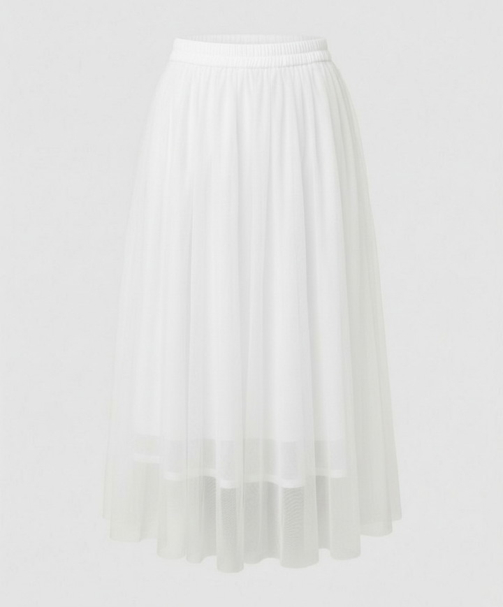 Flowing women's layered midi skirt, high-waisted design offers modest comfort & versatile wear.