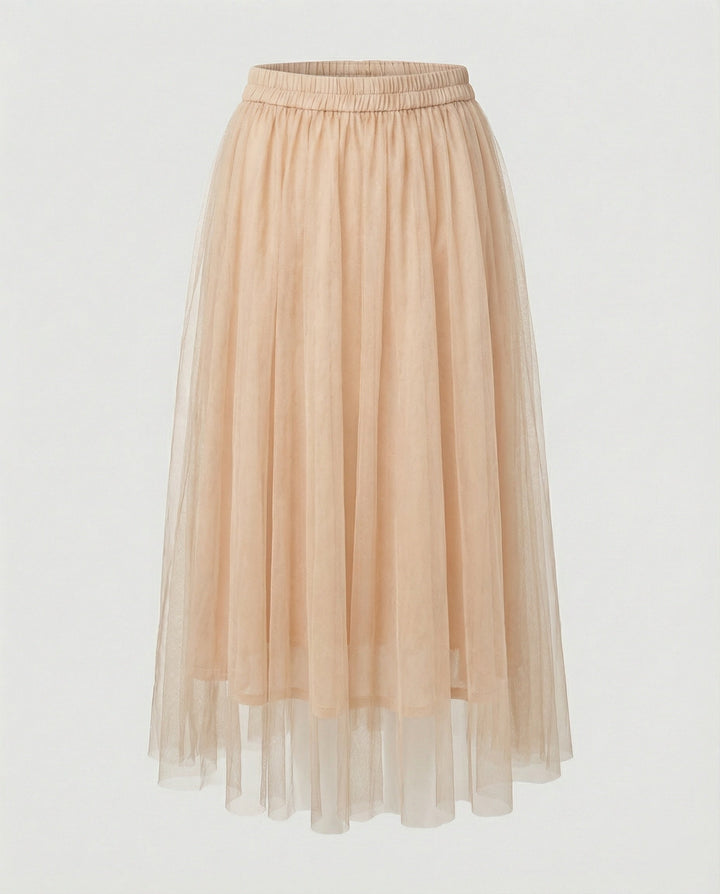 Versatile women's layered high-waist midi skirt, suitable for both casual and formal styling.