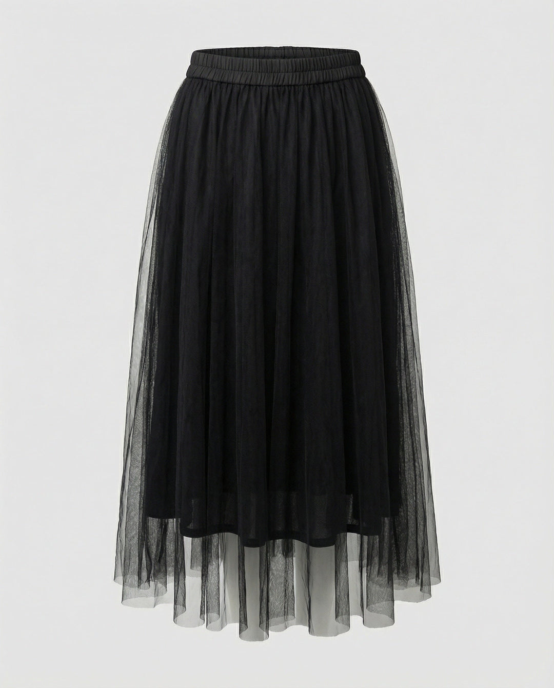 Modest & comfortable women's high-waisted layered midi skirt with a graceful flowing silhouette.