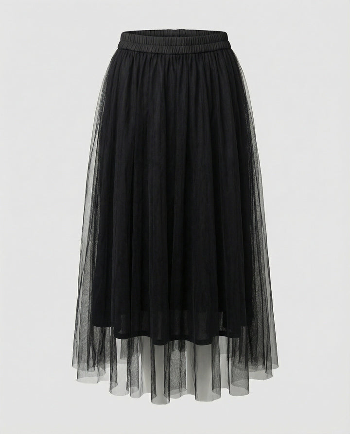 Modest & comfortable women's high-waisted layered midi skirt with a graceful flowing silhouette.