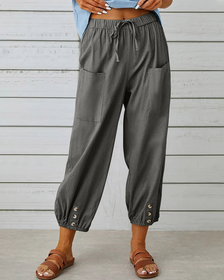 Back view of women's comfortable high-waisted loose fit casual pants, ideal for versatile everyday casual wear.