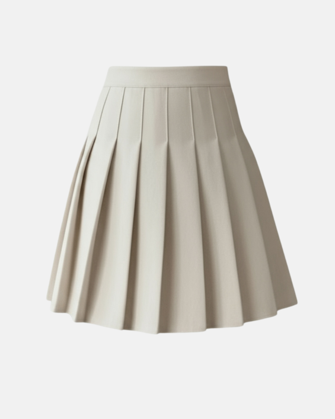 Women's high-waisted pleated mini skirt in versatile beige, perfect for casual or office wear. A-line style.