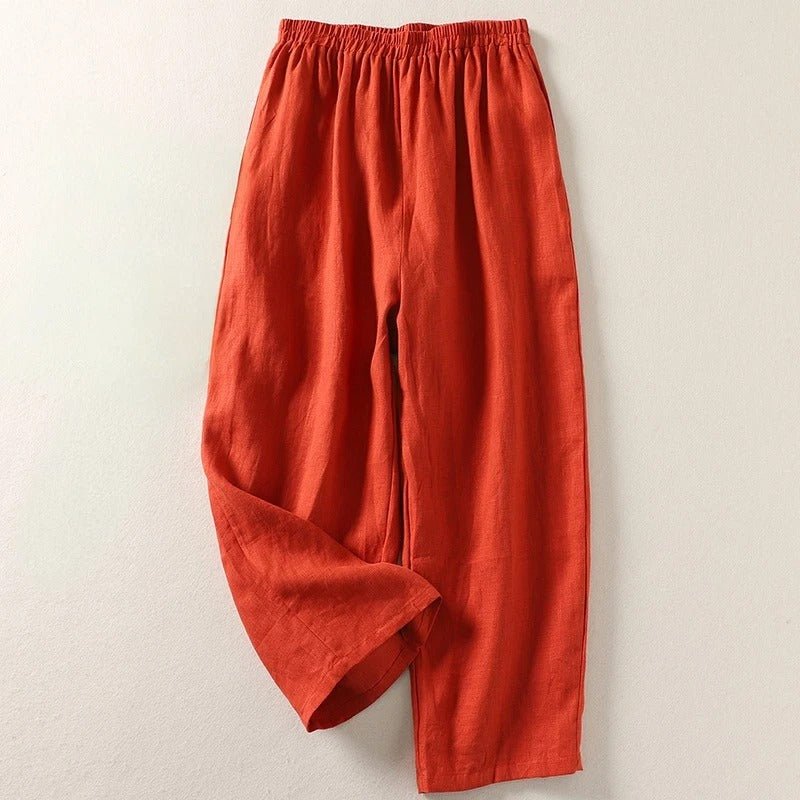 Women's high-waisted relaxed-fit linen trousers in a versatile shade, perfect for comfortable smart-casual summer wear.