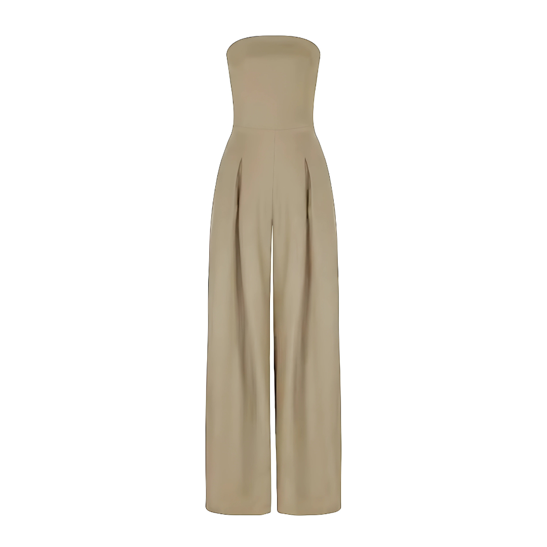 Comfortable & stylish women's high-waisted strapless wide leg jumpsuit, perfect for dressy or casual wear.