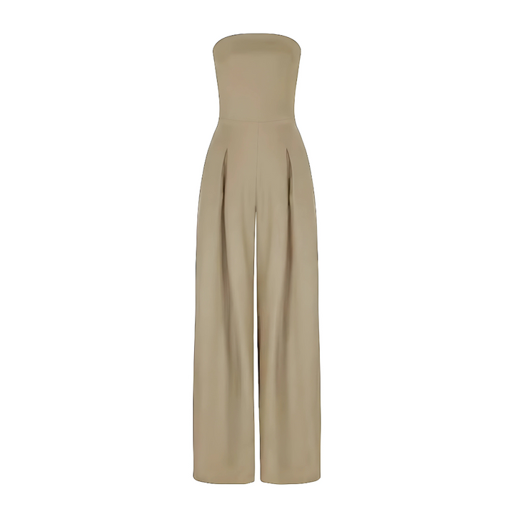 Comfortable & stylish women's high-waisted strapless wide leg jumpsuit, perfect for dressy or casual wear.