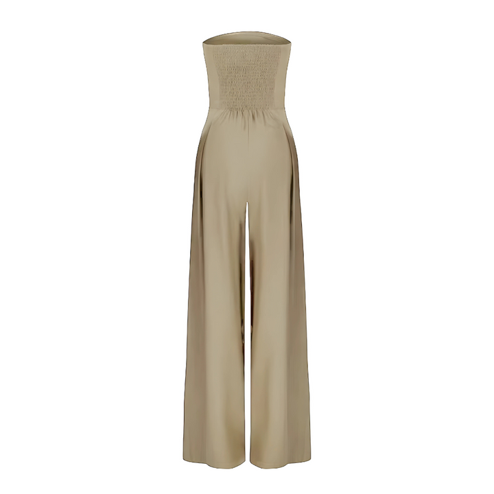 Women's elegant strapless wide leg jumpsuit with high waist & pockets. Great for summer party or evening.