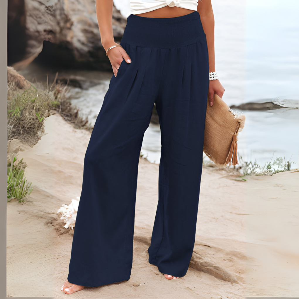 Chic women's high-waisted stretch linen trousers, versatile for spring, summer, casual, or elegant styling.