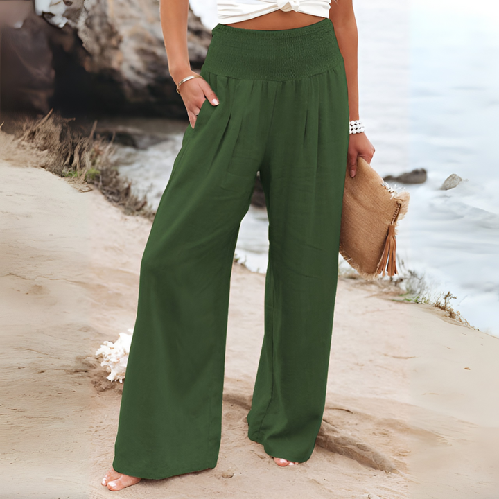 Stylish women's comfortable linen pants, high-waisted stretch design for spring, summer & office elegance.