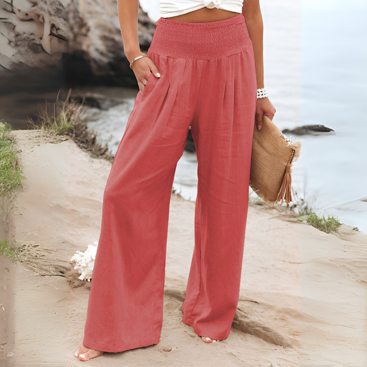Women's comfortable high-waisted stretch linen trousers, great for everyday casual wear & sophisticated looks.
