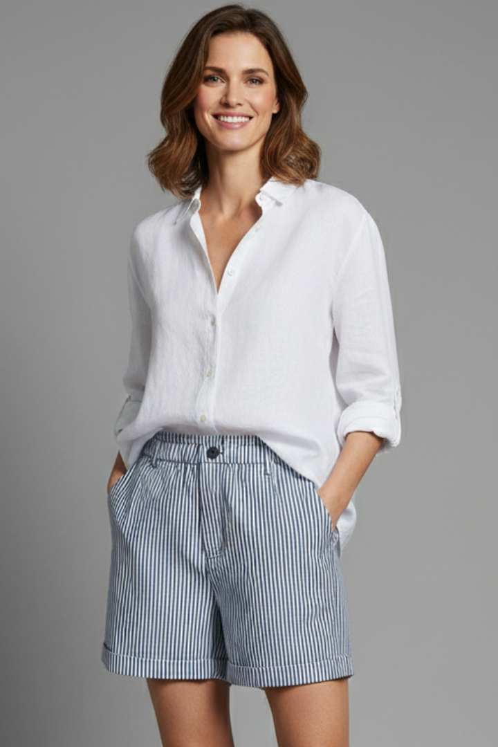 Versatile women's tailored high-waisted striped shorts, ideal for spring & summer casual wear. Modern ladies' bottoms.