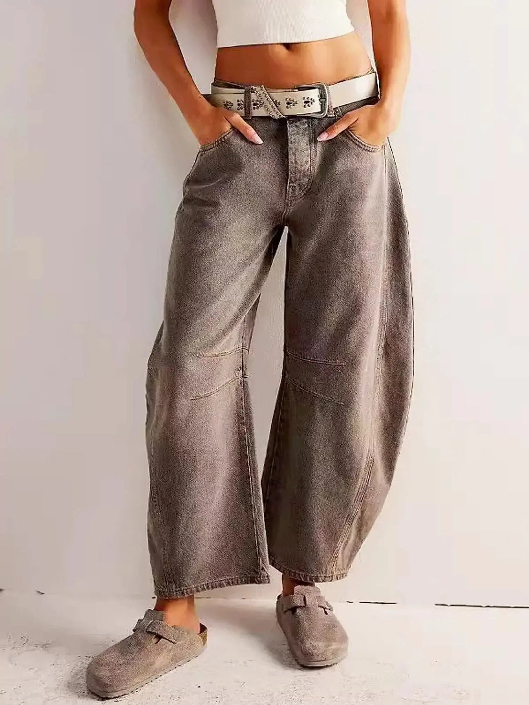 Statement women's wide leg high waisted leopard print jeans, modern style.