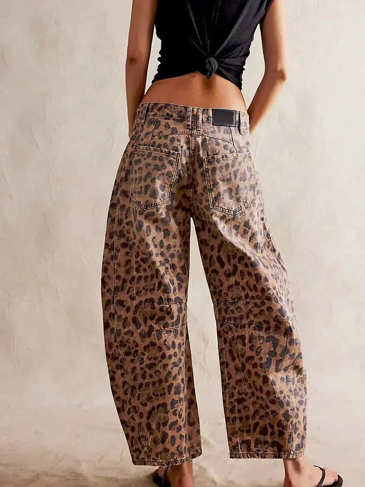 Women's trendy leopard print wide leg jeans, high waisted for comfort.