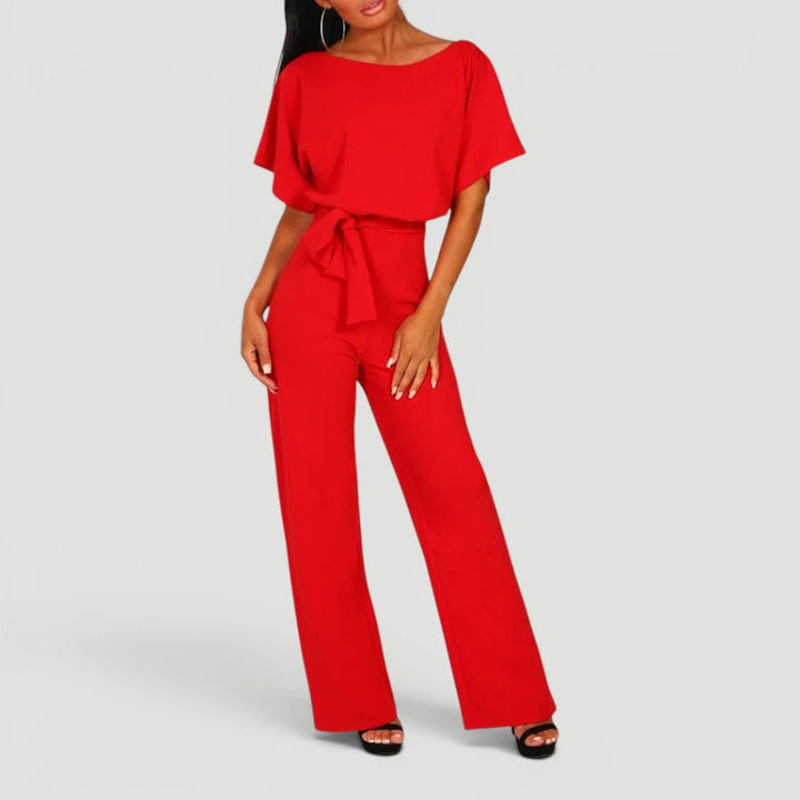 Front view of elegant women's high waisted wide leg jumpsuit, a versatile one-piece for modern fashion.