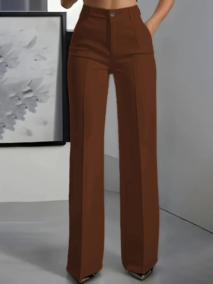 Smart women's high-waisted wide-leg trousers with pleats, ideal for professional officewear.