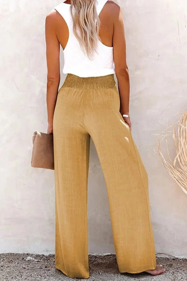 Stylish women's summer wide-leg trousers, high-waisted with smocked front, versatile for any occasion.