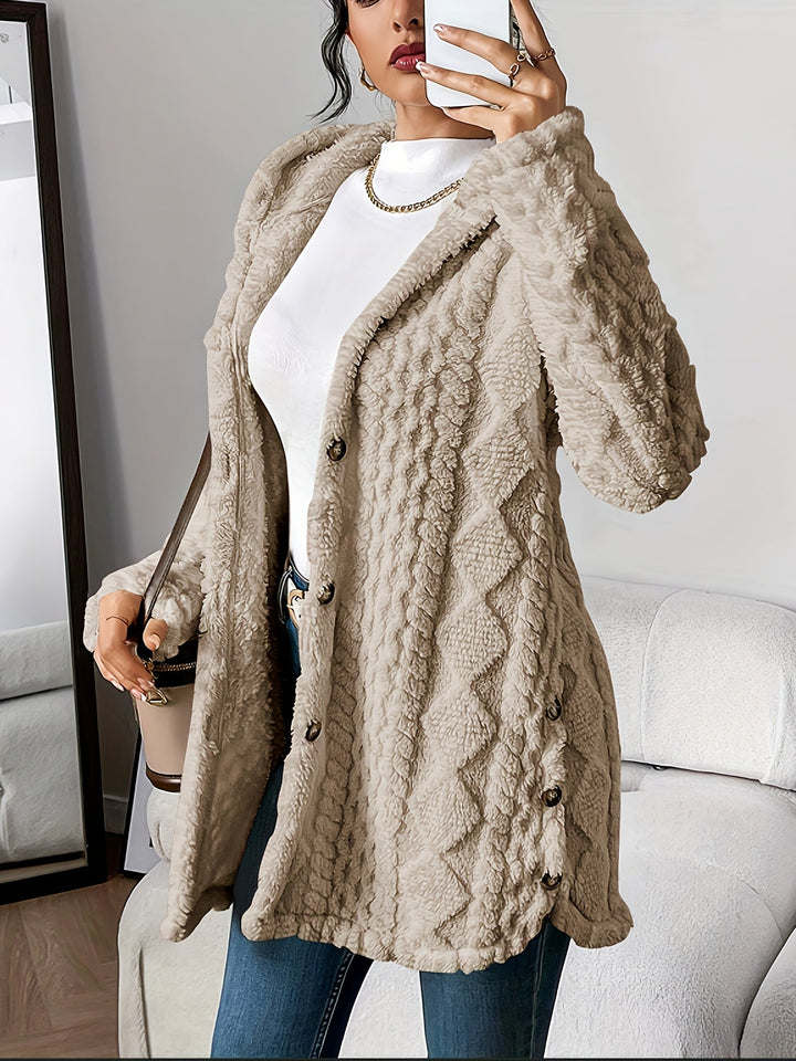Women's hooded longline cardigan, textured knit, button front, cozy, stylish fall/winter layer.