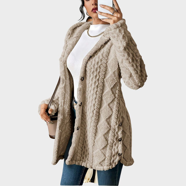 Textured longline hooded cardigan for women with button front, ideal for fall & winter layers.