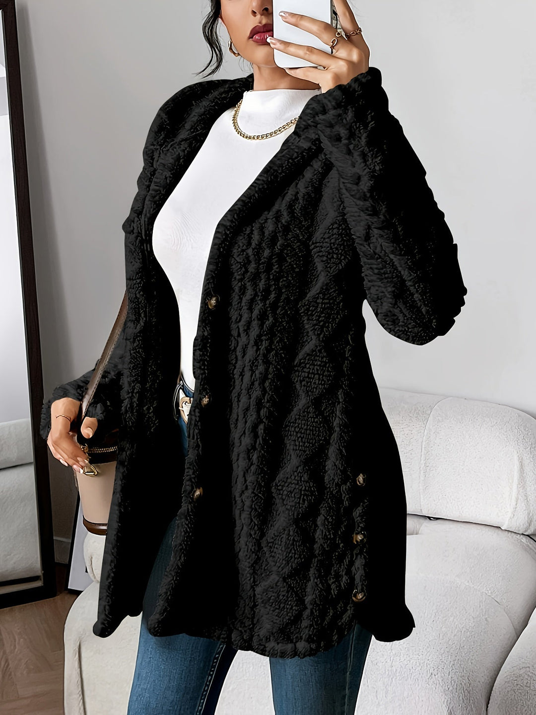 Button-front hooded longline cardigan for women, textured knit, oversized fit for comfort.