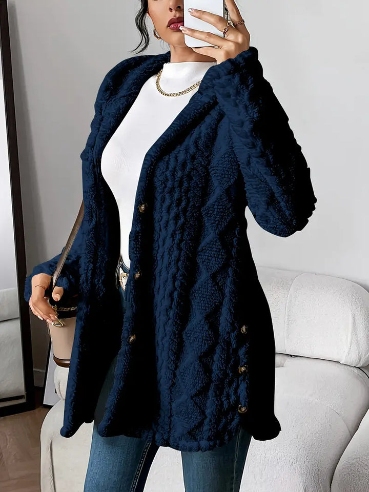 Plush hooded longline cardigan, women's cozy knit for ultimate comfort and casual style.