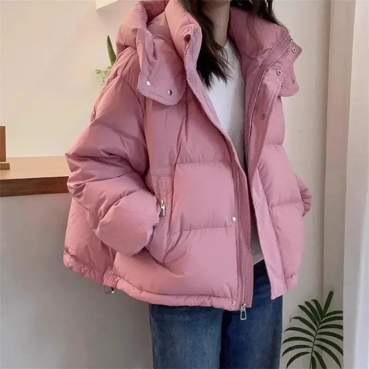 Fashionable women's high neck hooded puffer jacket, a must-have warm winter coat.
