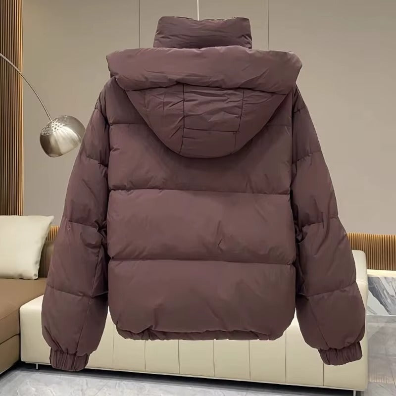Modern women's hooded puffer jacket, high neck design, ideal warm winter coat.