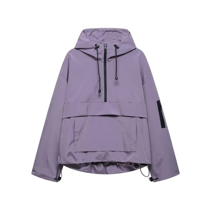 Casual women's oversized half-zip windproof anorak. Lightweight quilted pullover jacket with hood for spring/fall.