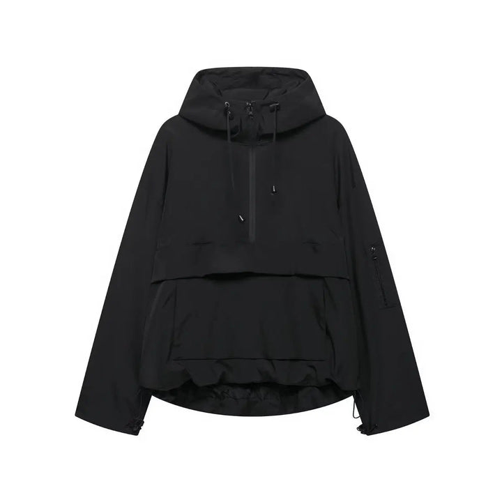 Stylish women's quilted pullover anorak jacket. Hooded, windproof, oversized fit, great for casual outdoor wear.