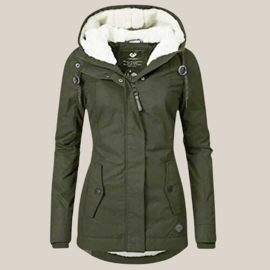 Stylish women's hooded quilted jacket. Provides excellent warmth for winter everyday wear.