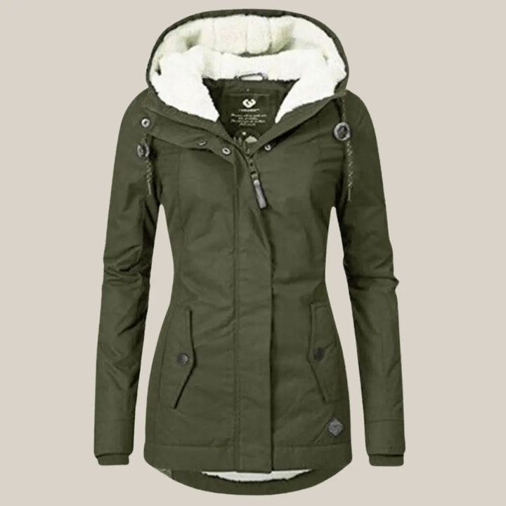 Front view: Women's hooded quilted winter jacket, perfect for cold weather activities.