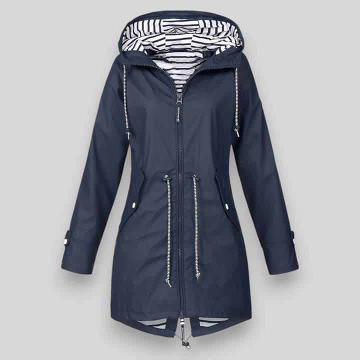 Women's hooded zip-up jacket with adjustable waist. Perfect casual outerwear for everyday wear.