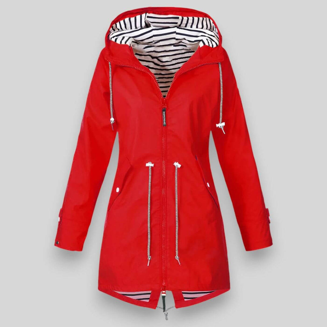 Front view of women's long sleeve hooded zip-up jacket, featuring adjustable waist and casual style.