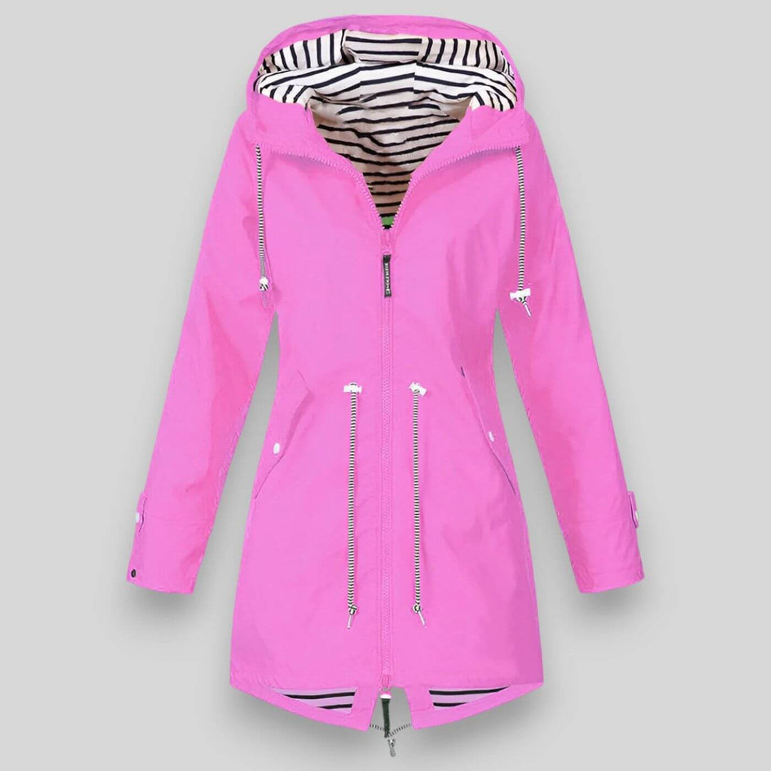 Stylish women's casual outerwear: hooded zip-up jacket with adjustable waist, ideal for everyday.