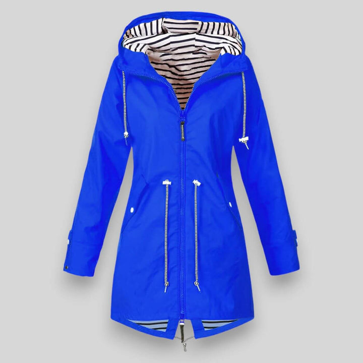 Women's long sleeve zip-up hooded jacket with adjustable waist. Longline design for casual comfort.