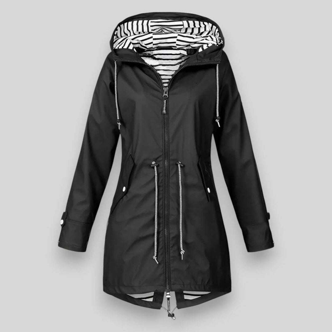 Everyday women's hooded zip jacket with adjustable waist for a customized fit. Casual longline outerwear.