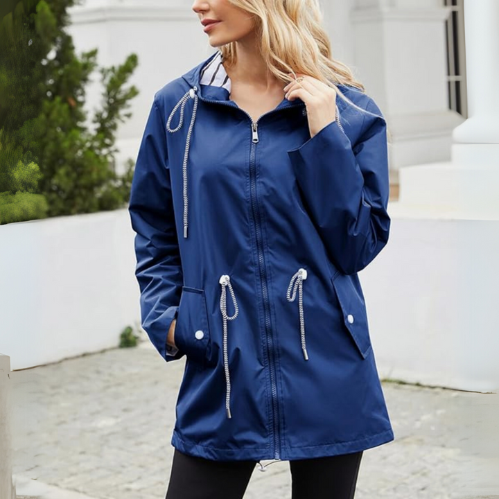 Plus size women's hooded zip-up jacket. Long sleeve, adjustable waist for casual, comfortable everyday wear.