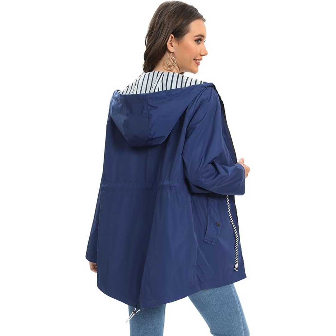 Detail of adjustable waist on women's hooded zip-up jacket. Casual outerwear, perfect for layering.