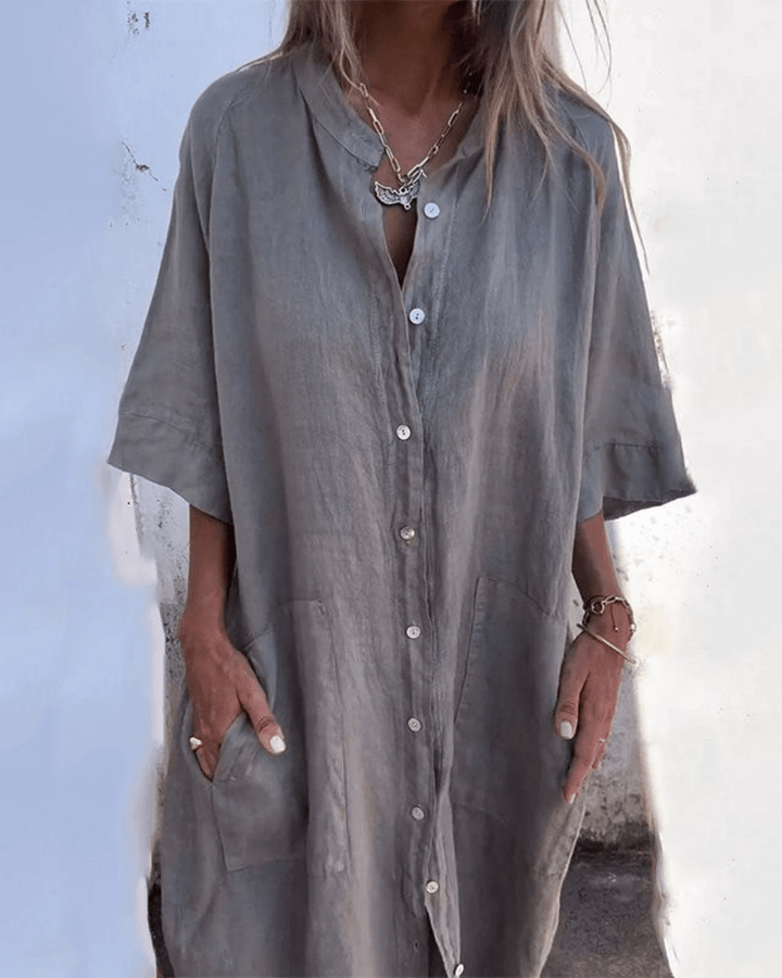 Women's Ibiza style relaxed fit shirt dress, perfect for summer casual wear and effortless chic.