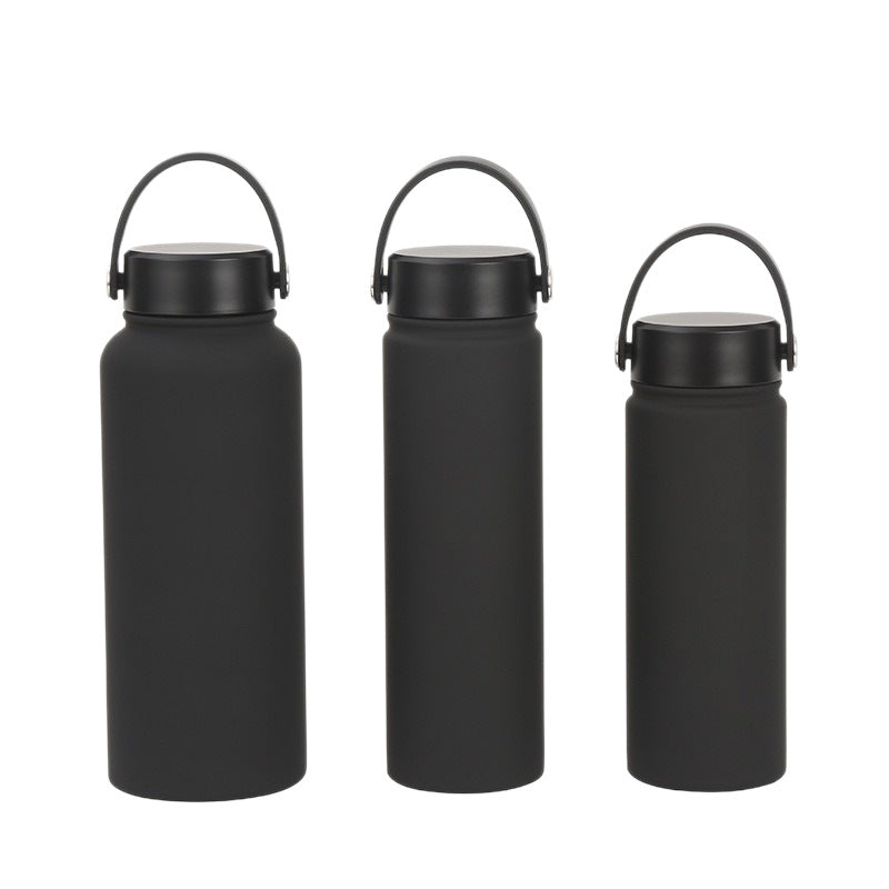 Portable women's insulated water bottle, stainless steel, ergonomic handle for travel & outdoor use.