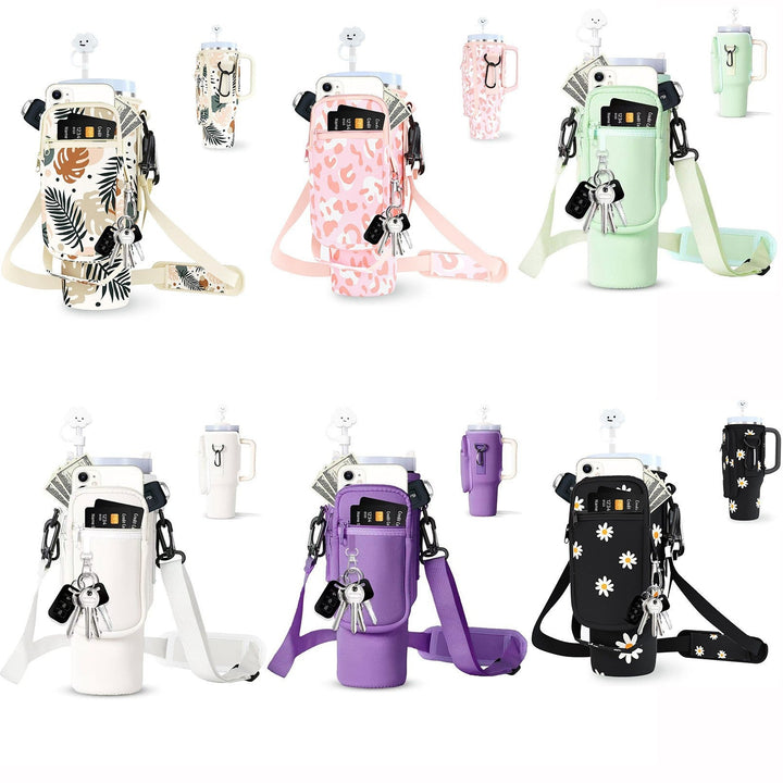 Women's insulated water bottle with versatile pink carry bag for hot/cold drinks.