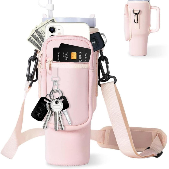 Women's thermal drinkware set: insulated bottle and a multi-purpose carry bag.