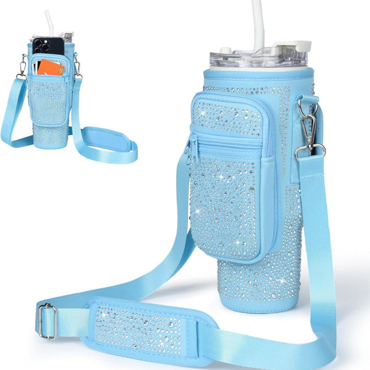 Active women's insulated bottle, ideal for sports, includes a versatile and protective carry bag.