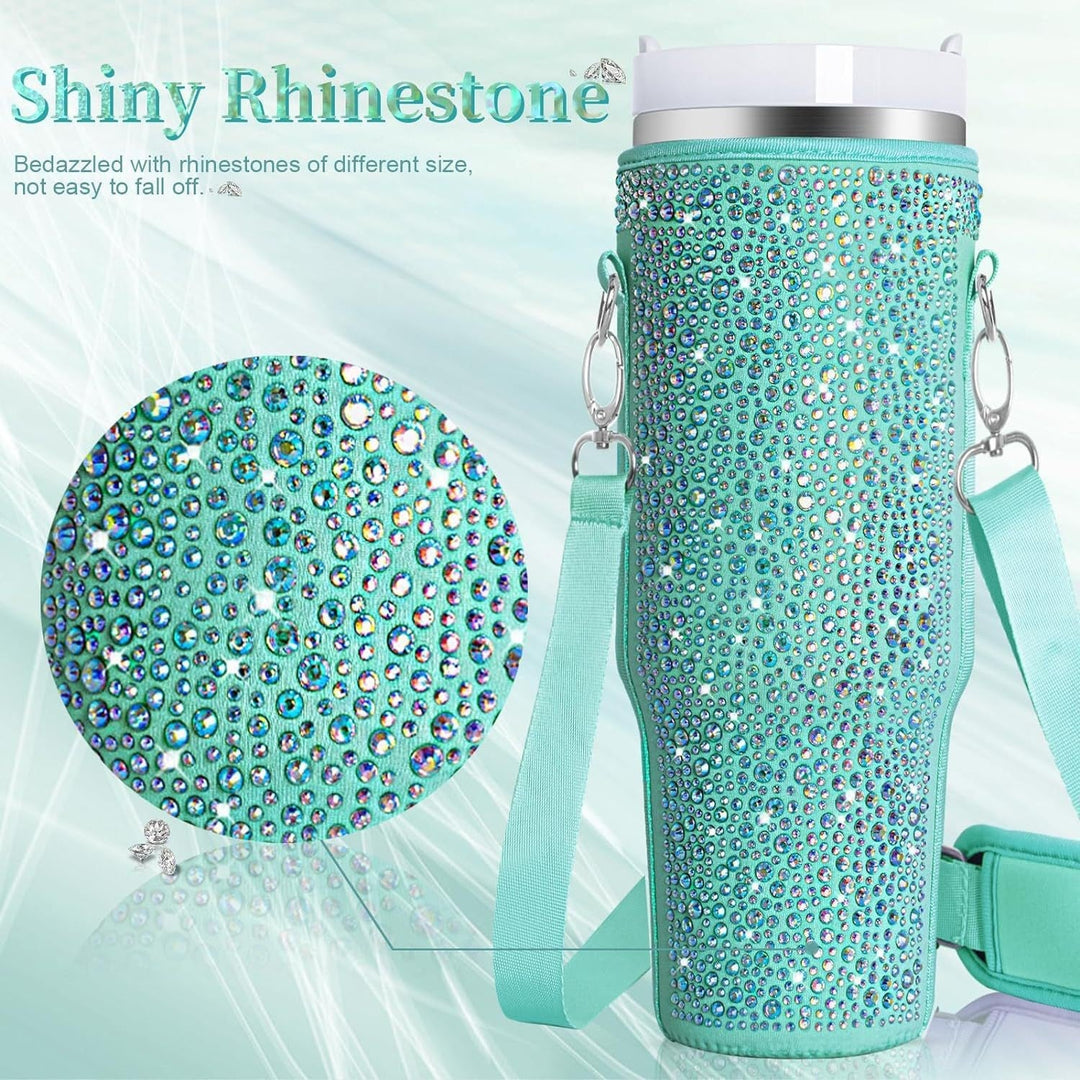 Thermal stainless steel women's bottle & protective carry bag for hot or cold drinks.
